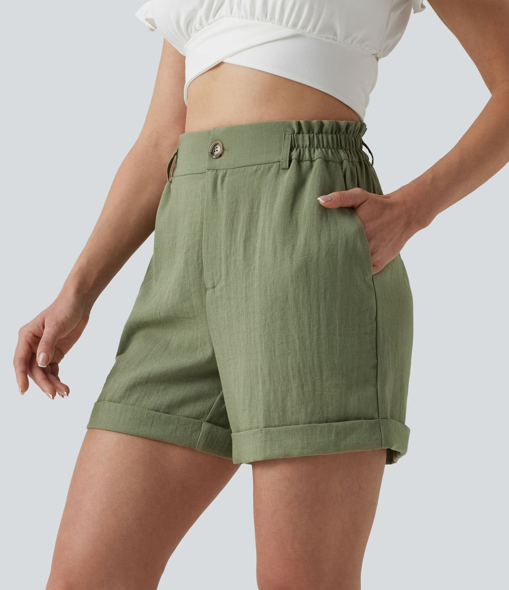 Short resort 12,5 cm taille haute effet lin avec ourlet roulotté et poches
