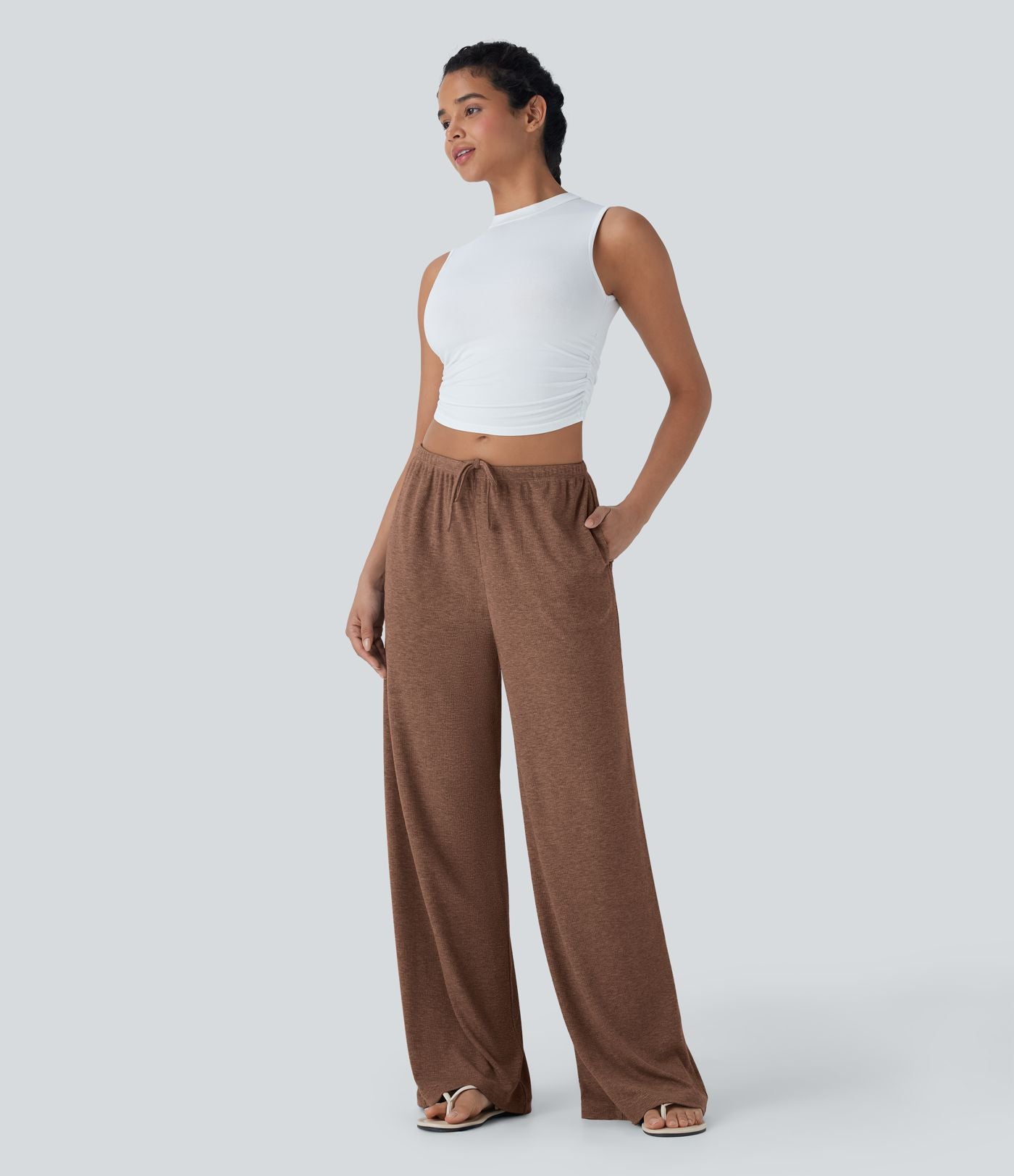 Pantalon fluide ample à taille basse avec cordon de serrage, côtes extensibles, doux pour la peau et poches latérales