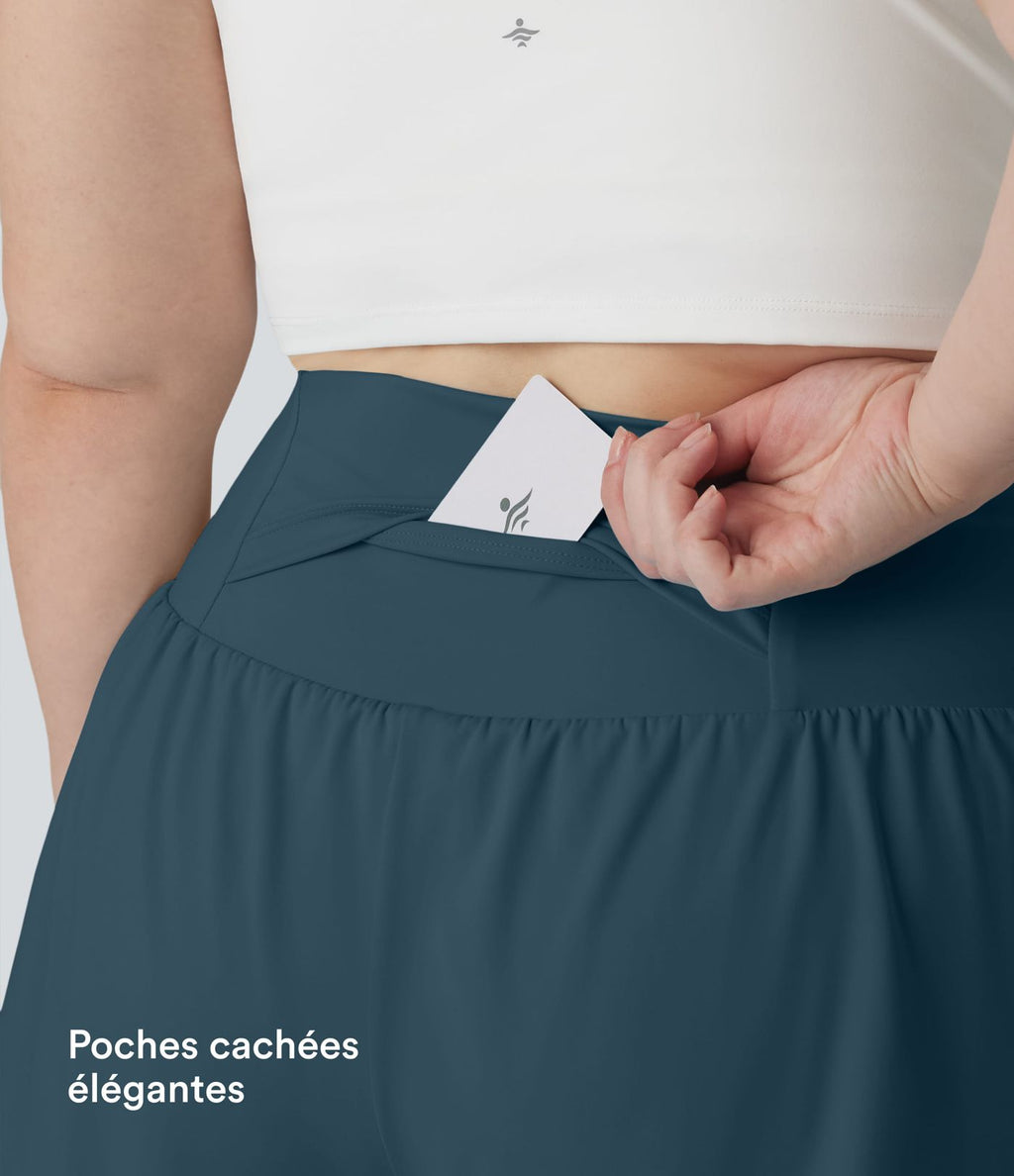 Short Yoga 10cm Plus Longue Taille Ultra Haute 2 en 1 Poche Arrière Poche Cachée Latérale Grande Taille