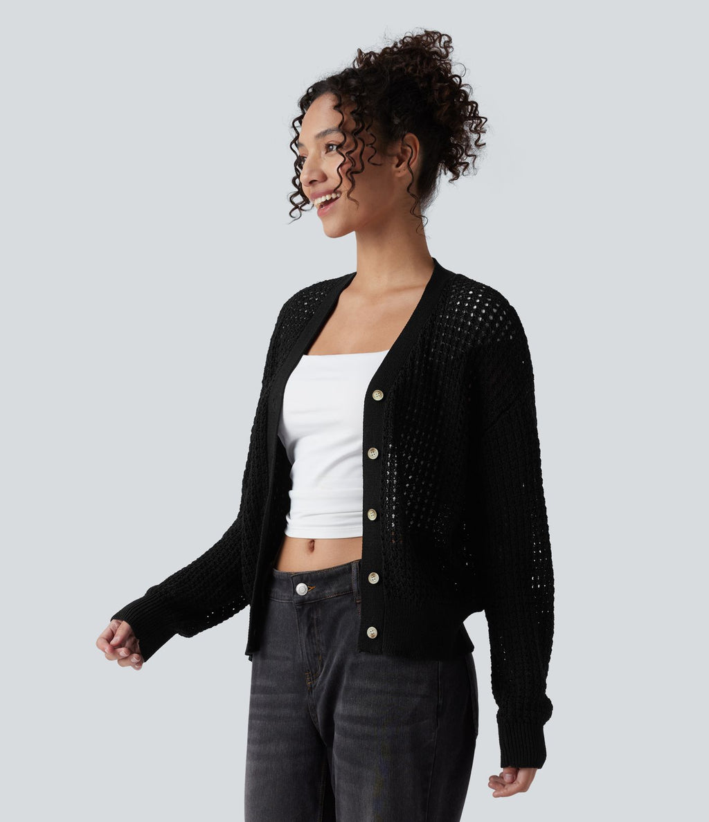 Cardigan décontracté en maille tricotée col V manches longues
