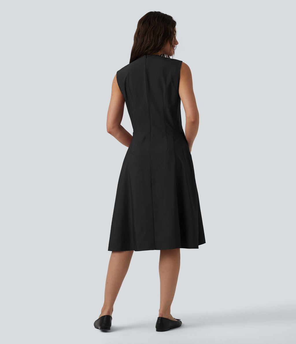 Robe mi-longue évasée de travail col cranté sans manches avec poches