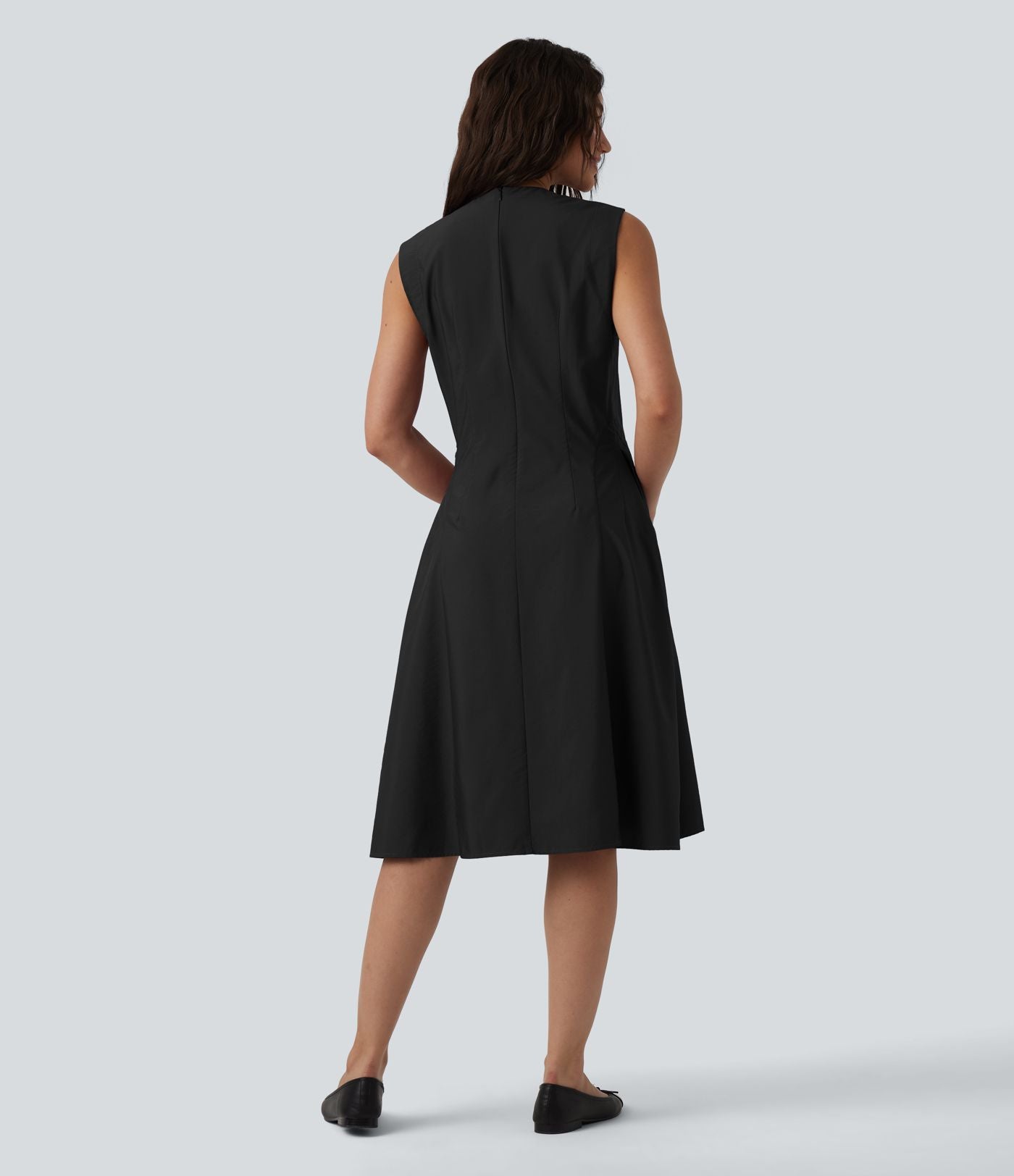 Robe mi-longue évasée de travail col cranté sans manches avec poches