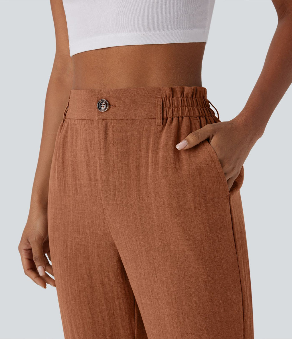 Pantalon capri effet lin taille haute avec poches zippées