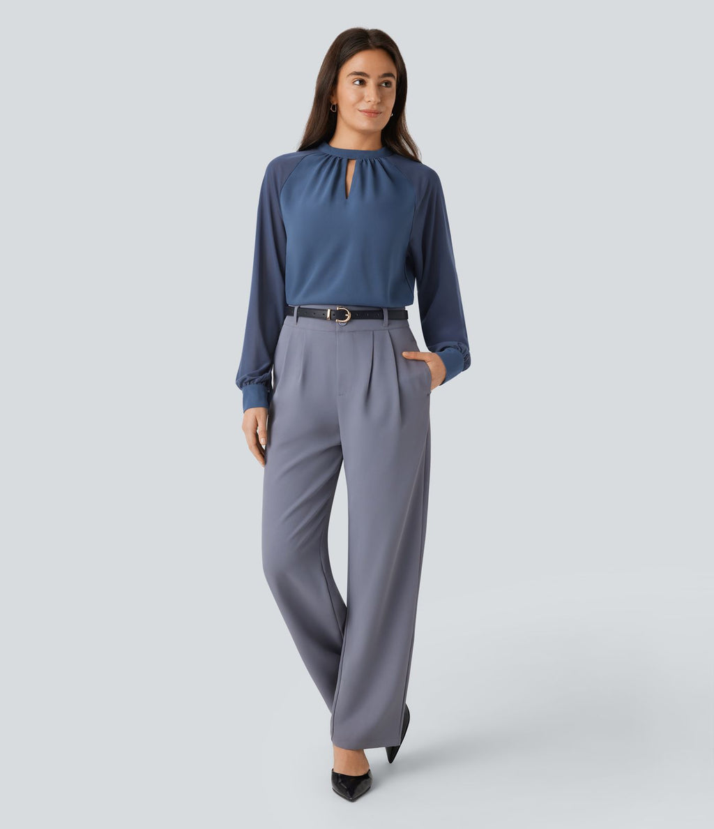 Blouse de travail à col montant avec dos ajouré, manches raglan et empiècements en mesh contrastant