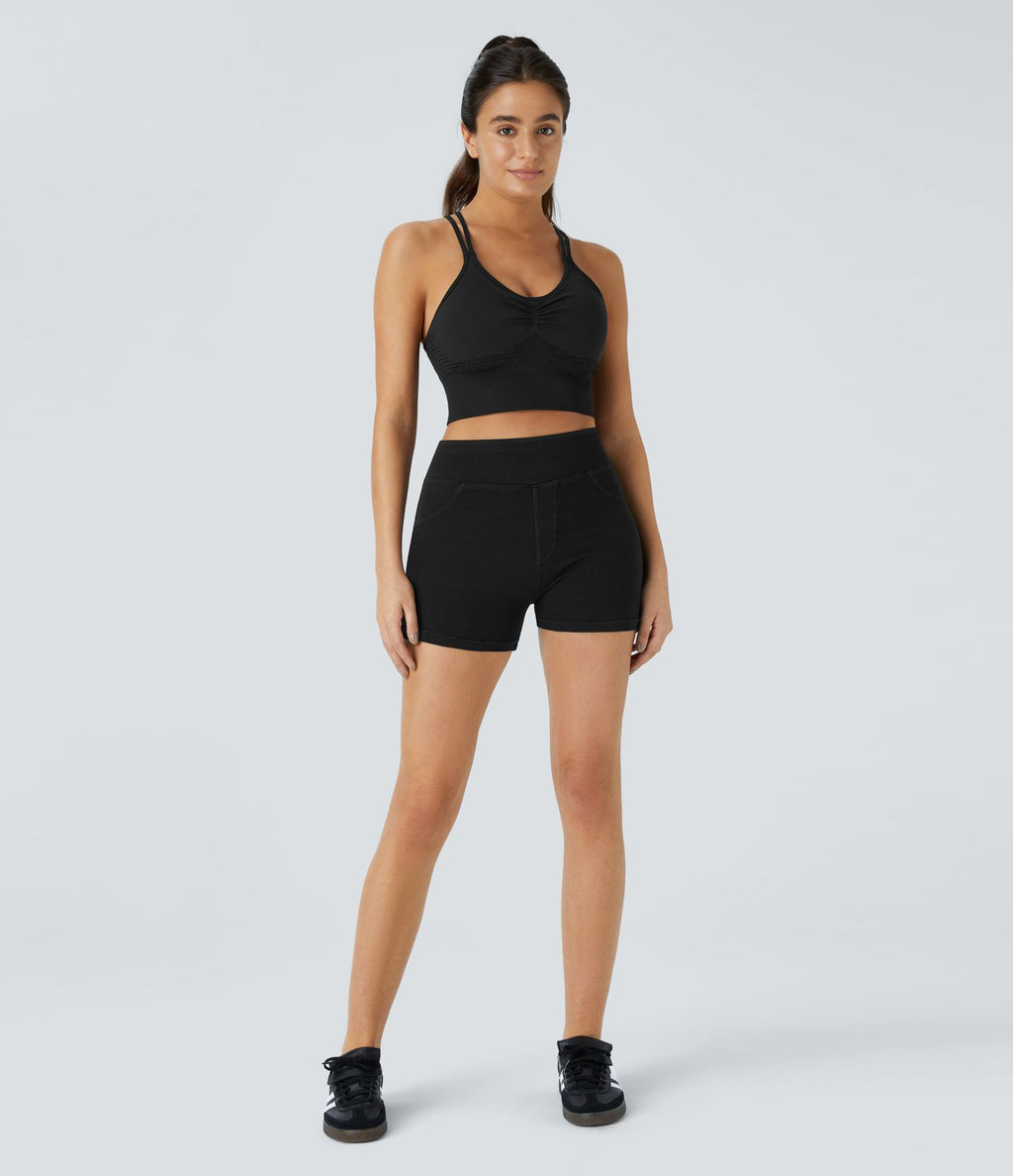 Halara Flex™ Shorts 7,5cm Casual en Denim Tricot Extensible Taille Haute Avec Poches Latérales Arrière