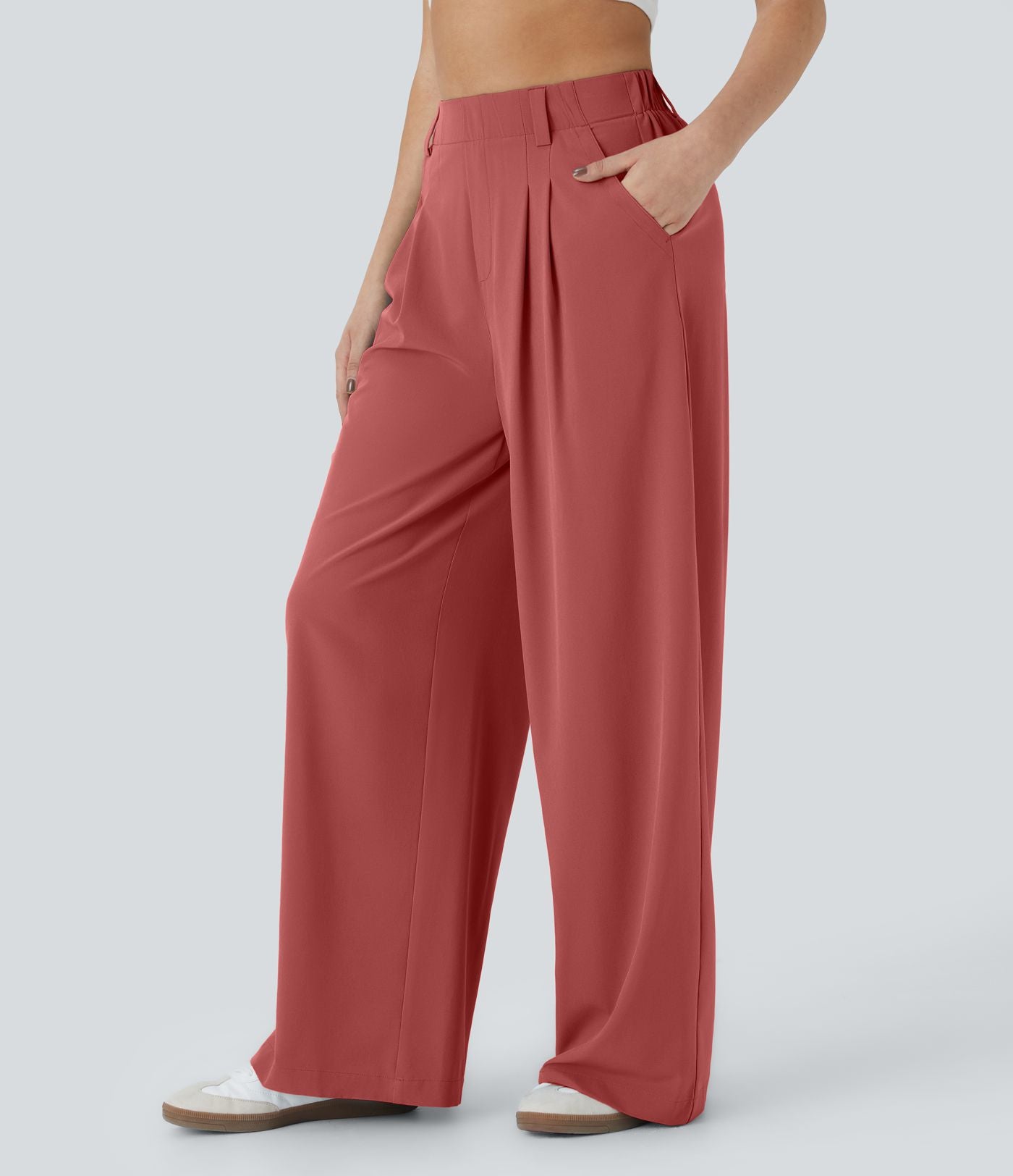 Breezeful™ Pantalon Large Fluide Taille Haute Poches Latérales Palazzo Solide Casual Linen-Feel
