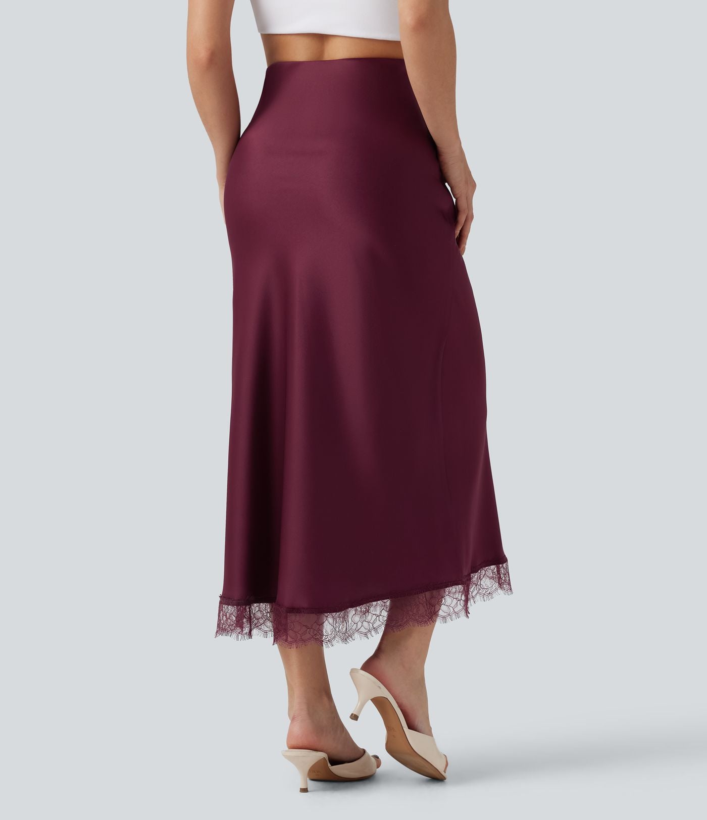 Jupe midi trapèze décontractée en satin et dentelle contrastée, taille haute