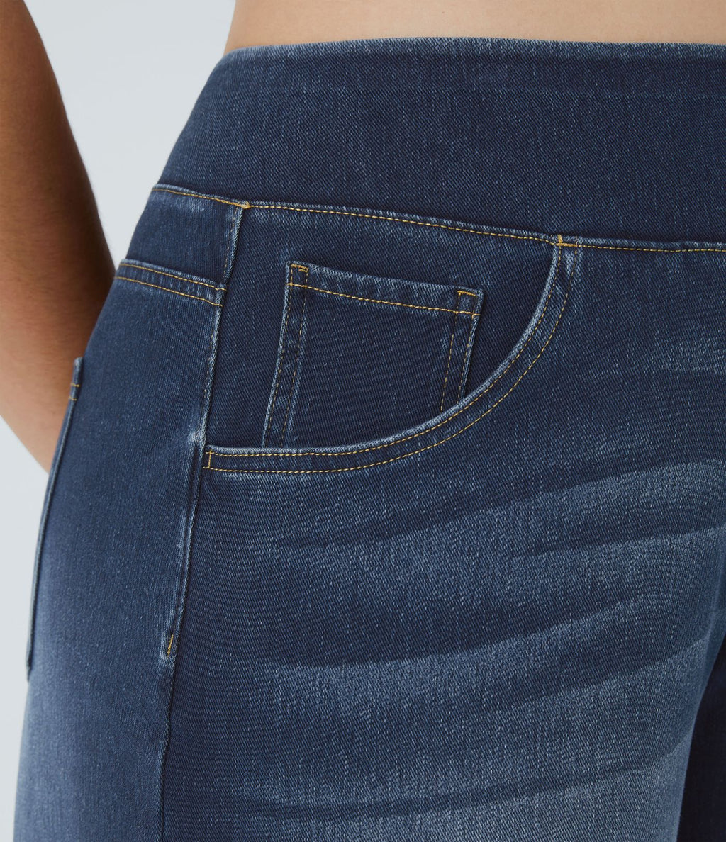 Halara Flex™ Jeans Larges Casual Taille Haute Multiples Poches Lavés Élastiques et Tricotés Grande Taille