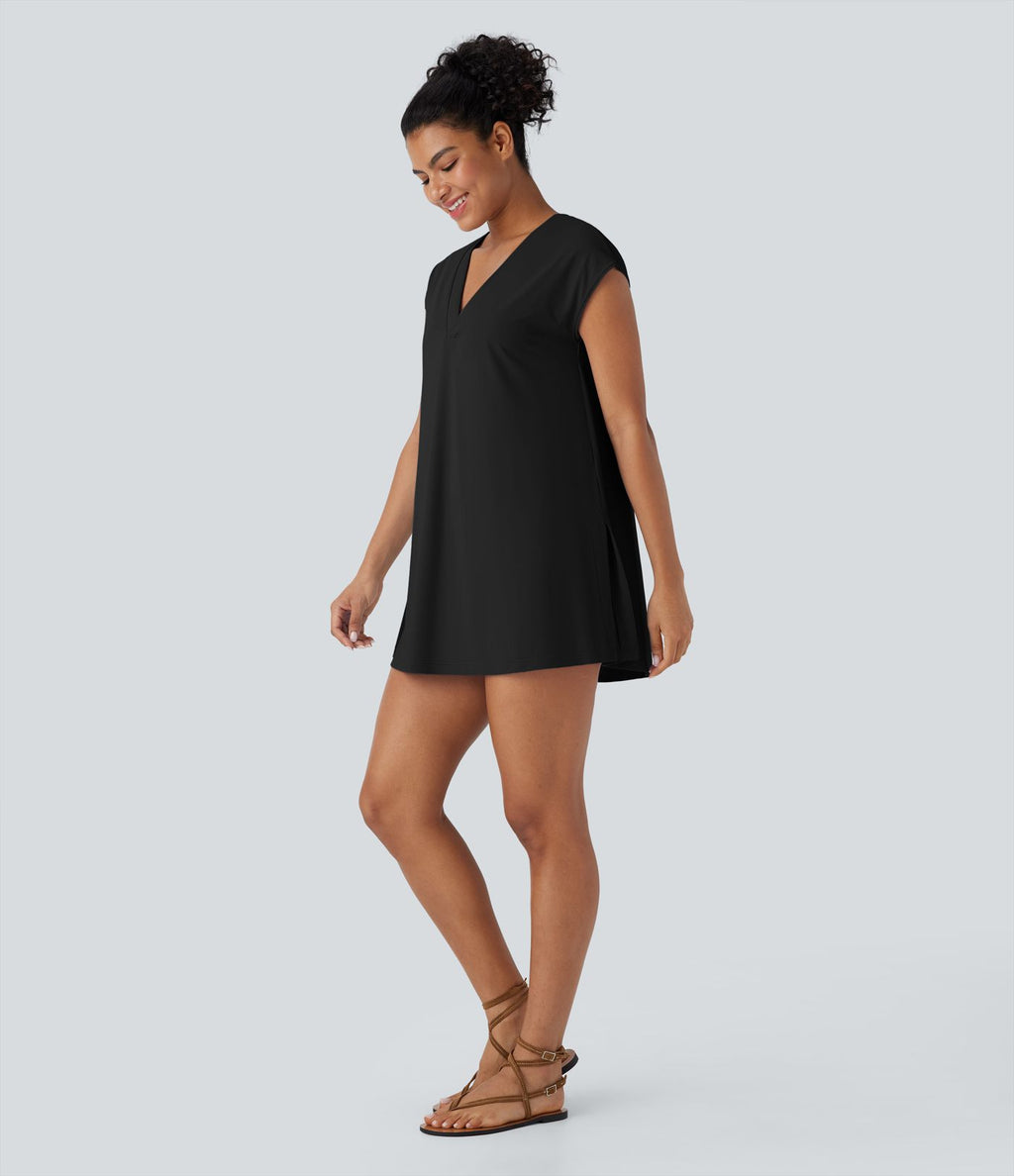 Cache-maillot décontracté à col V avec fente, à effet frais InstantCool, protection solaire UPF50+
