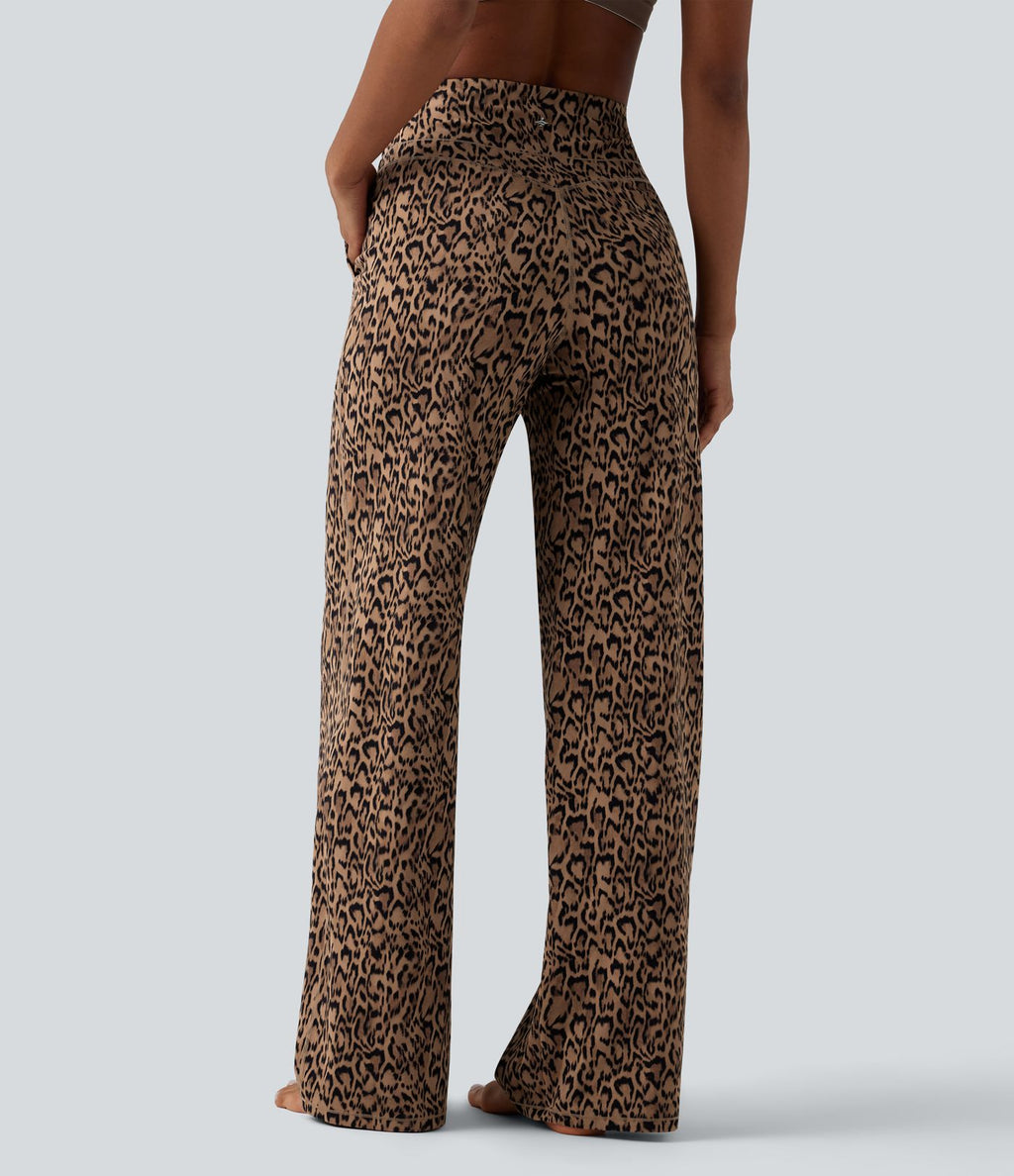 Pantalon de yoga jambes droites taille haute gainant imprimé léopard Halara UltraSculpt™ avec poches