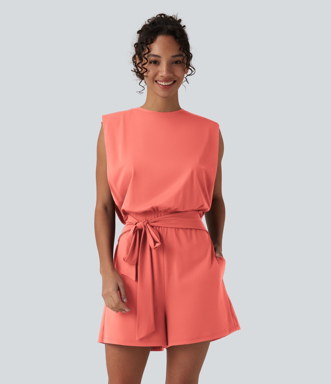 Combishort décontracté col rond sans manches effet frais InstantCool avec nœud frontal et poches, accès facile Easy Peasy, protection solaire UPF50+