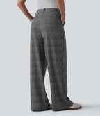 Pantalon large taille haute à carreaux pied-de-poule avec poches
