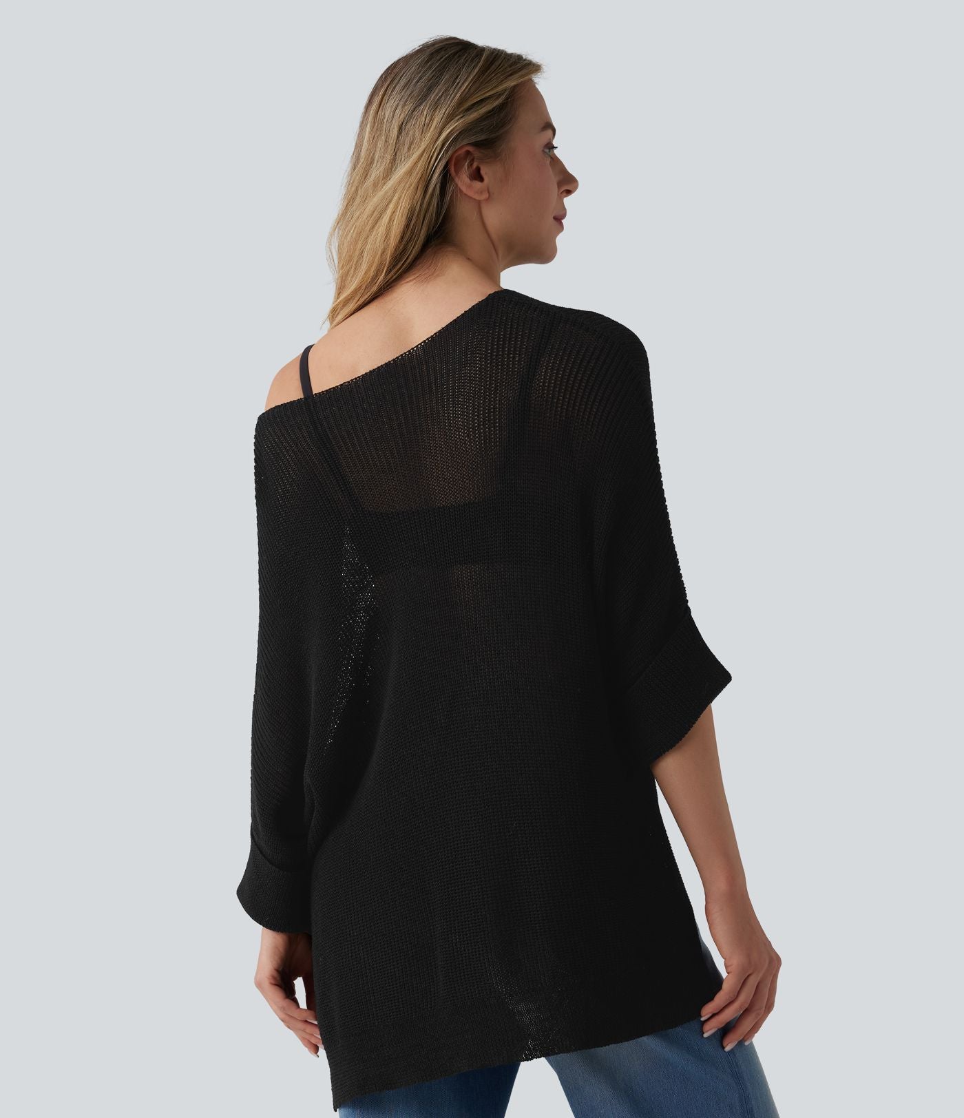 Pull décontracté oversize asymétrique demi-manches ourlet fendu avec poche