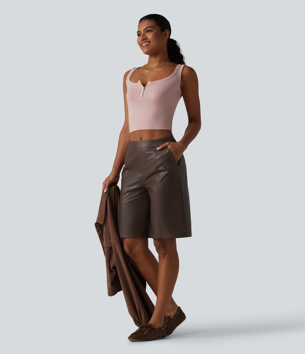Bermuda décontracté taille mi-haute en PU extensible avec poches 25 cm