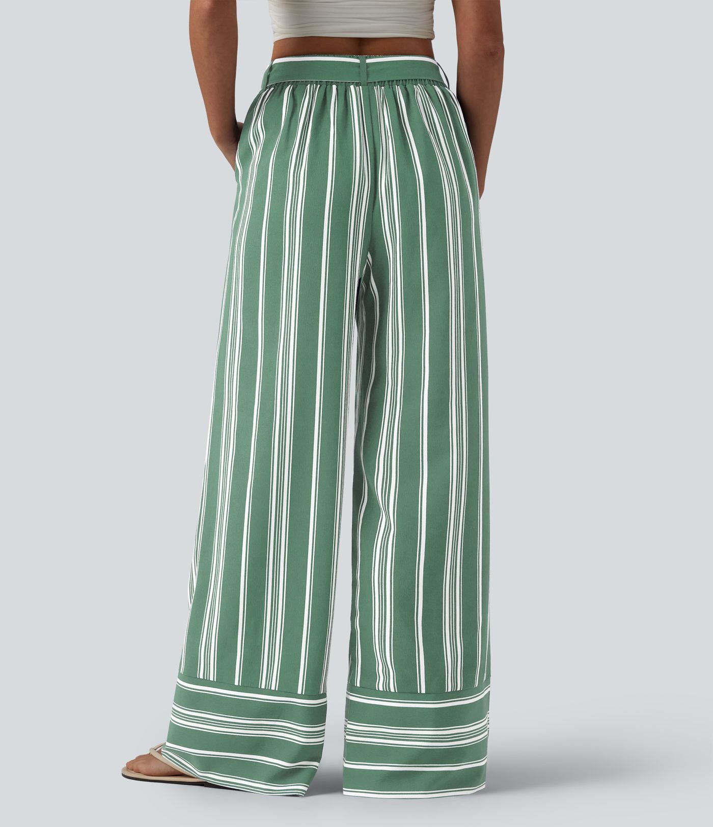 Pantalon large taille haute à rayures avec ceinture et poches