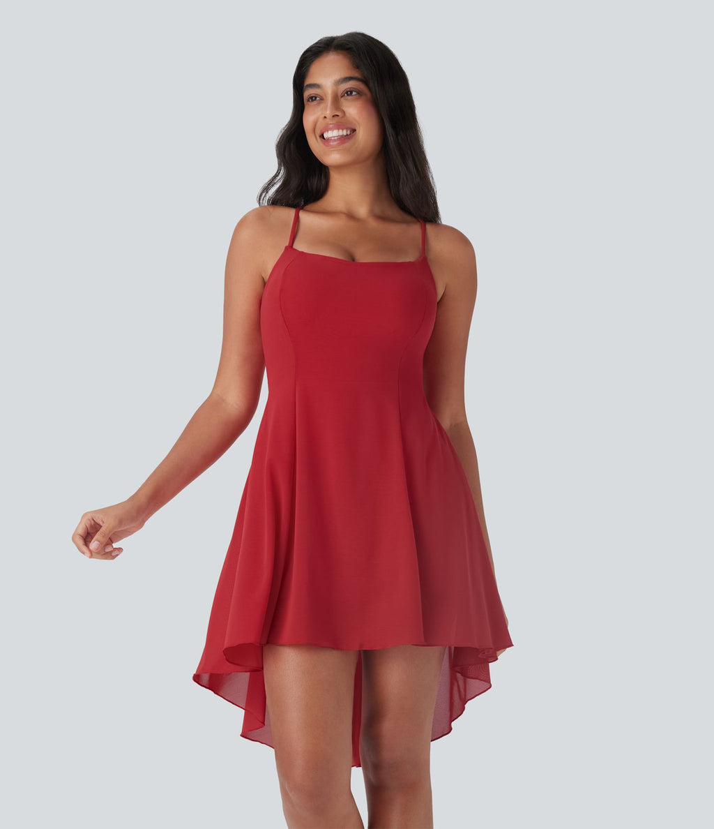 Robe de sport danse mini 2-en-1 laçage asymétrique résille contrastante fluide avec poche E-G