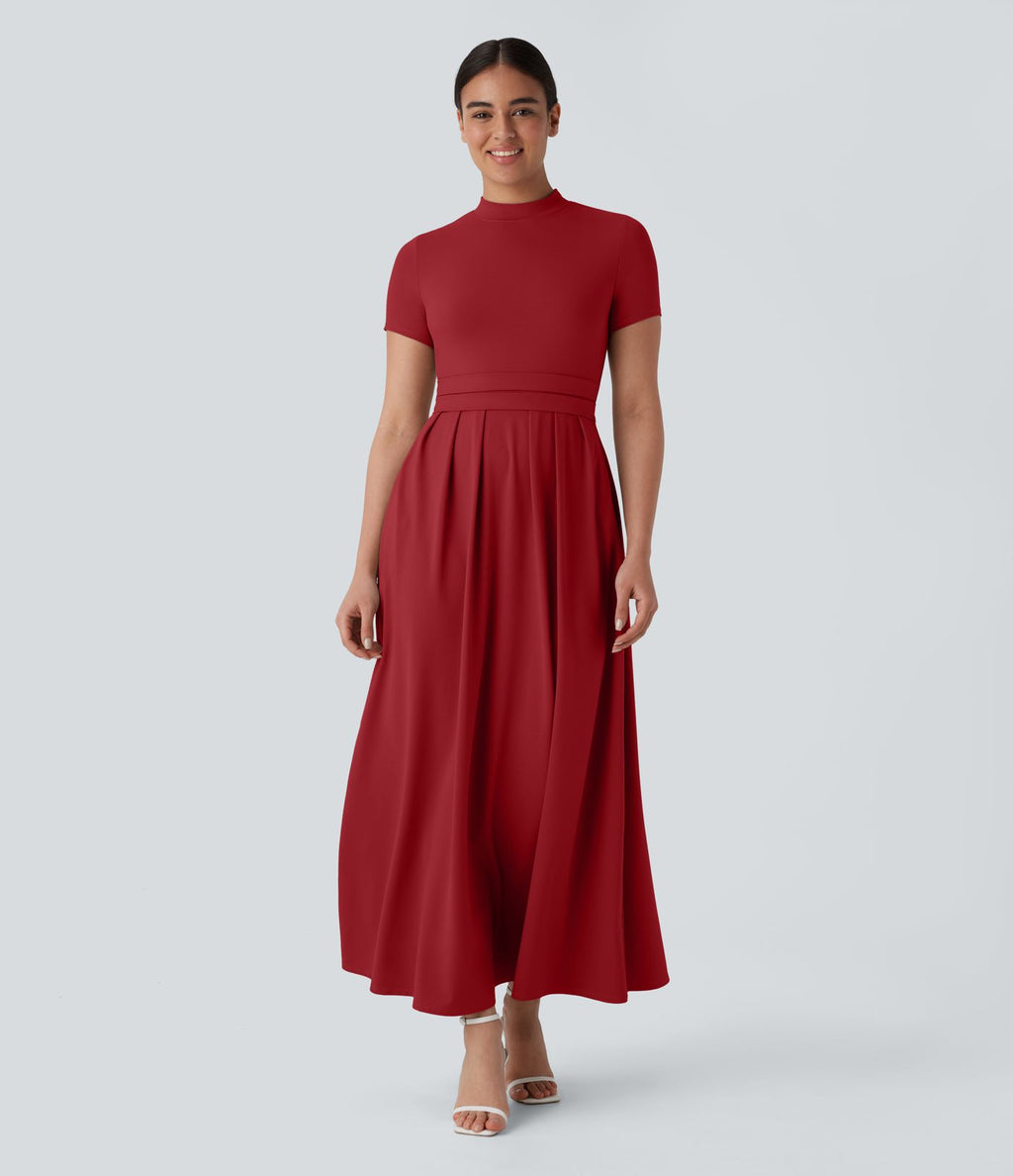 Robe longue décontractée à col montant, manches courtes et poches latérales