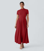 Robe longue décontractée à col montant, manches courtes et poches latérales