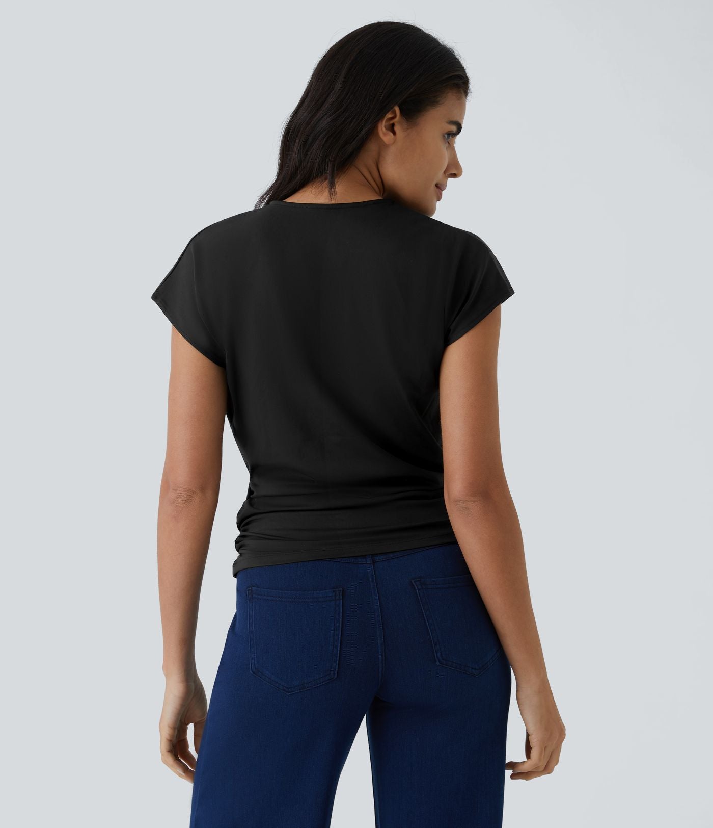 Blouse Travail Unie Froncée Croisée Manches Courtes Col en V