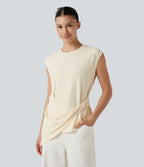 Top casual col rond manches courtes ourlet asymétrique torsadé