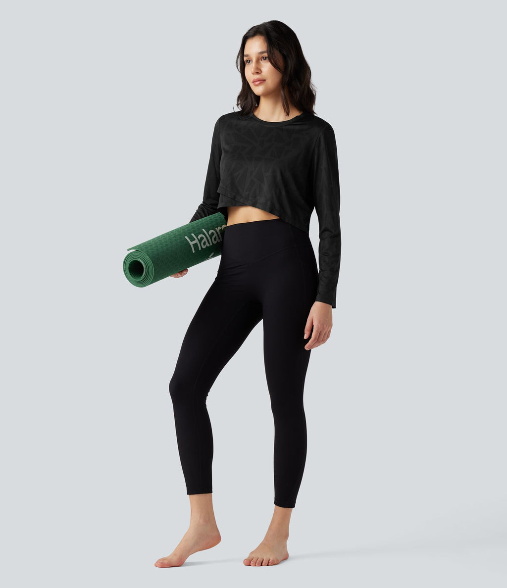 Top de sport yoga jacquard ourlet croisé col rond manches longues