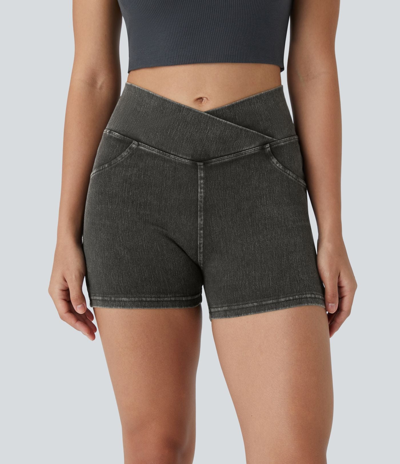 Halara Flex™  Shorts 7,5cm Denim Casual Taille Haute Poches Latérales Croisées en Maille Extensible