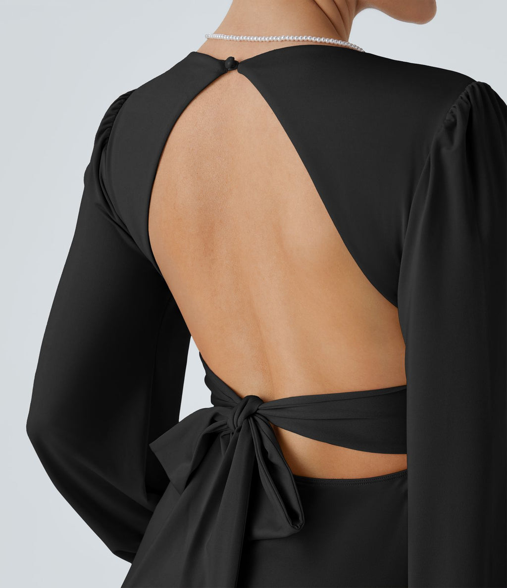 Robe longue de demoiselle d'honneur et invitée de mariage, col V, dos nu, liens à nouer, boutons et manches évasées