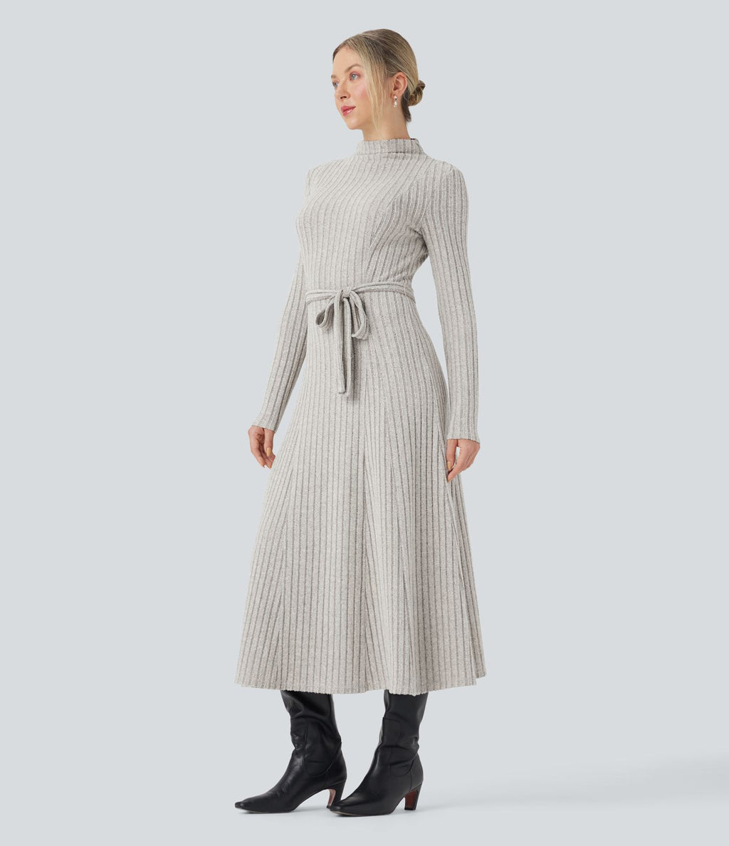 Robe longue côtelée col montant ceinturée manches longues