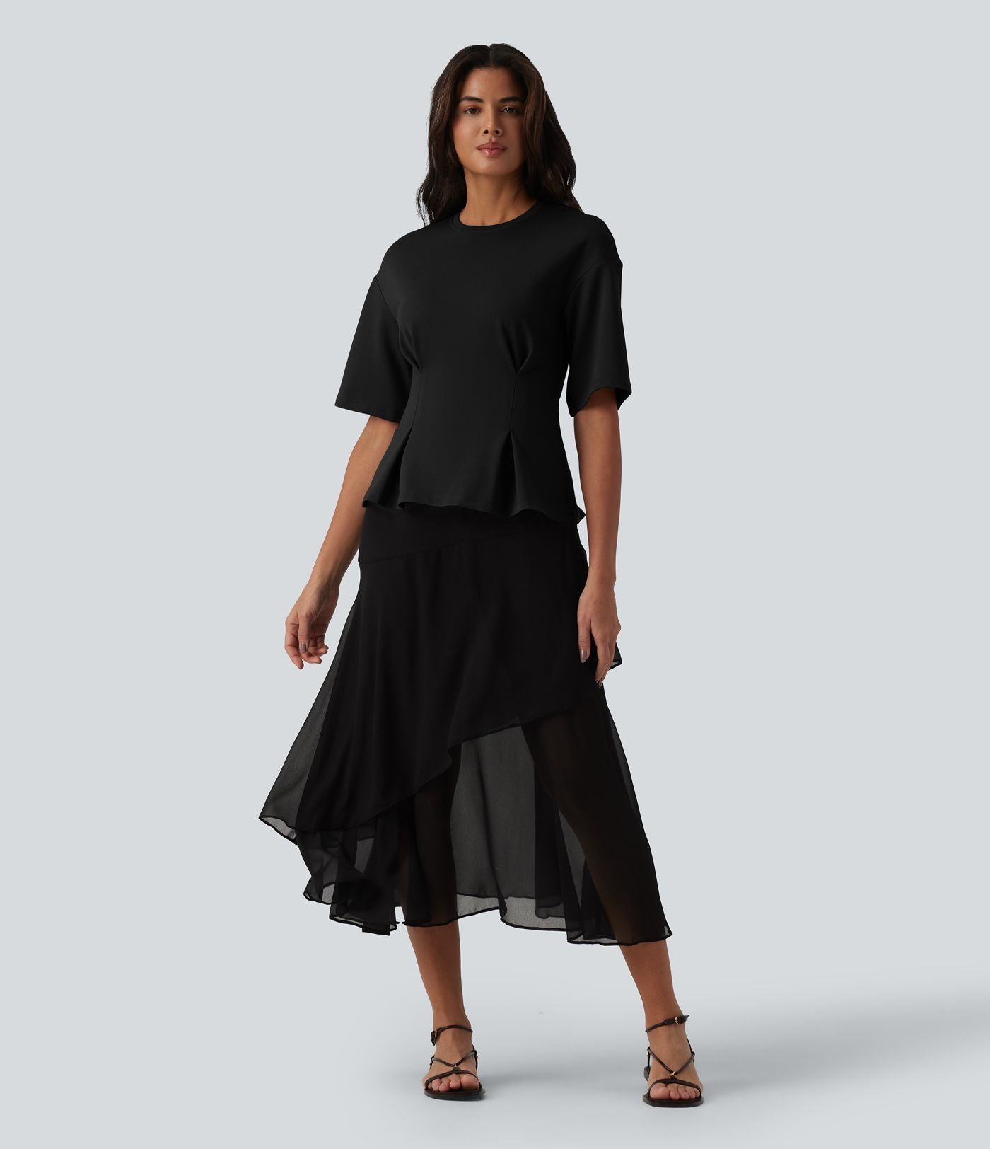 Blouse casual col rond taille cintrée à basque