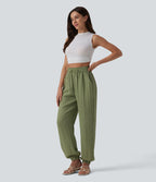 Jogging casual large ample taille haute aspect lin à cordon de serrage avec poches