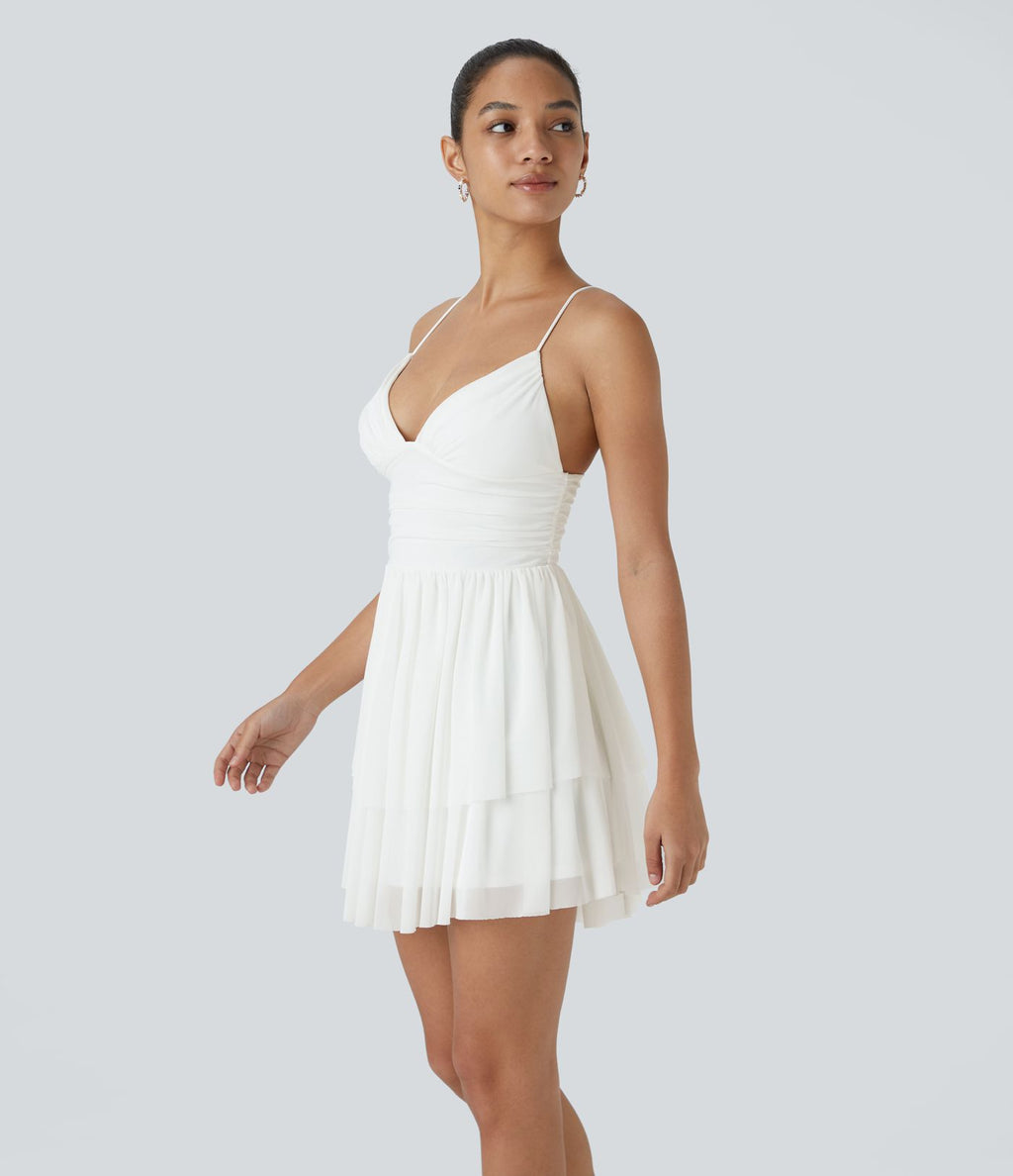 Robe Soirée Mini Superpositions en Maille avec Dos Nu Croisé Lacets