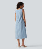 Robe débardeur midi décontractée en vichy froissé, col rond, sans manches, à poches