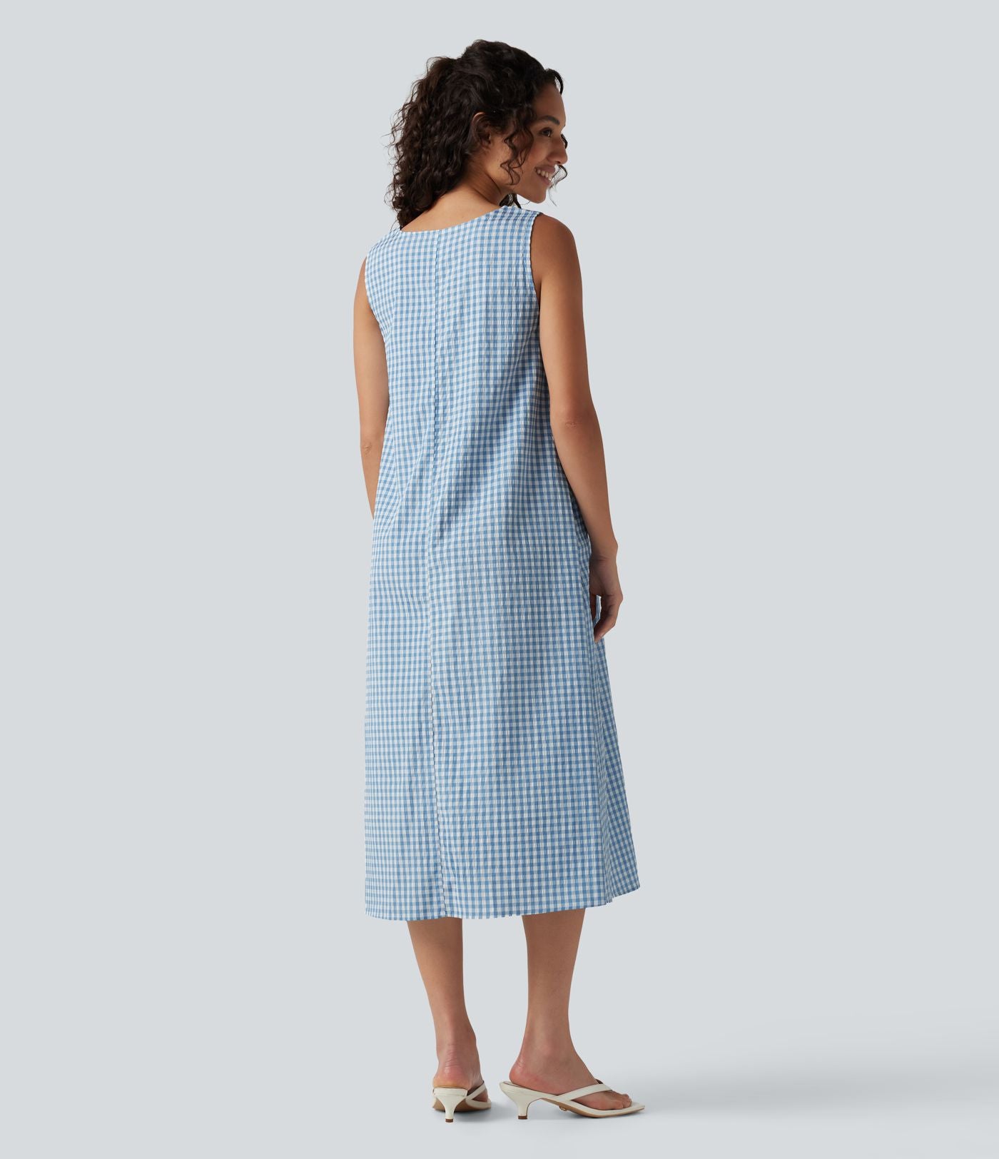 Robe débardeur midi décontractée en vichy froissé, col rond, sans manches, à poches