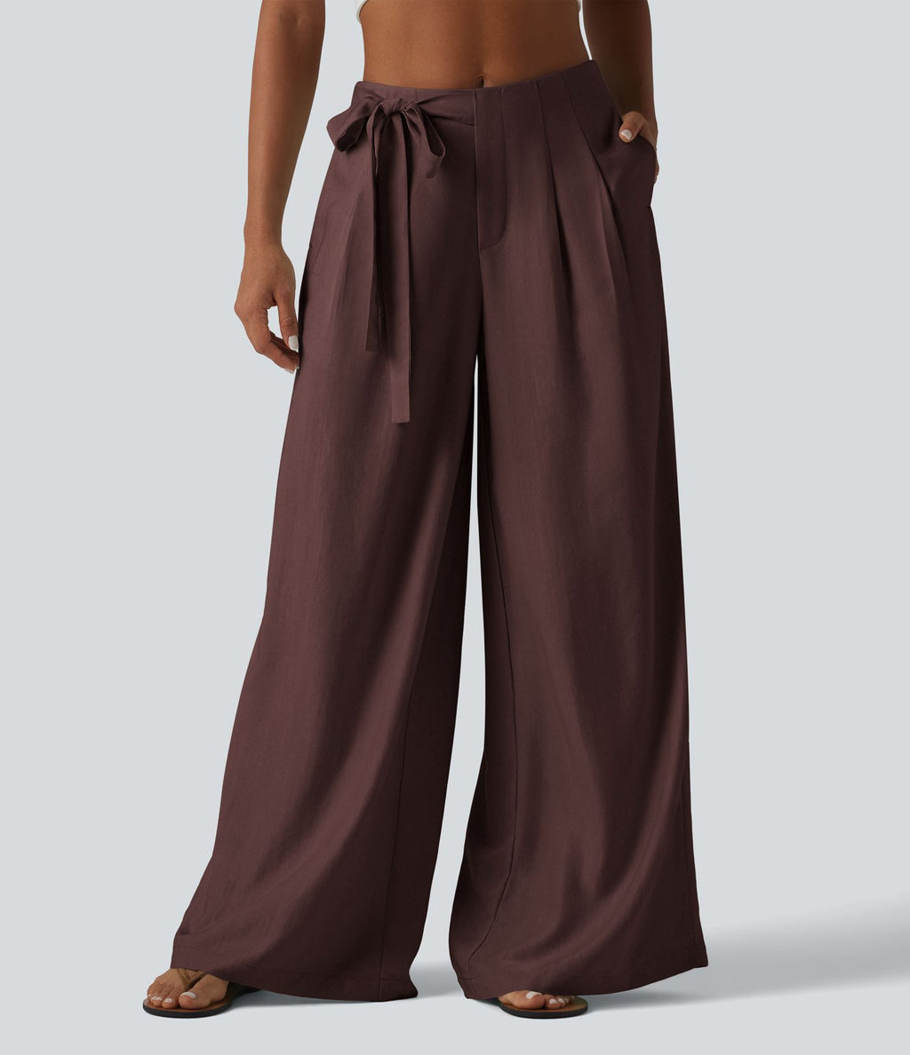Pantalon large fluide taille haute en lin mélangé avec poches et liens latéraux