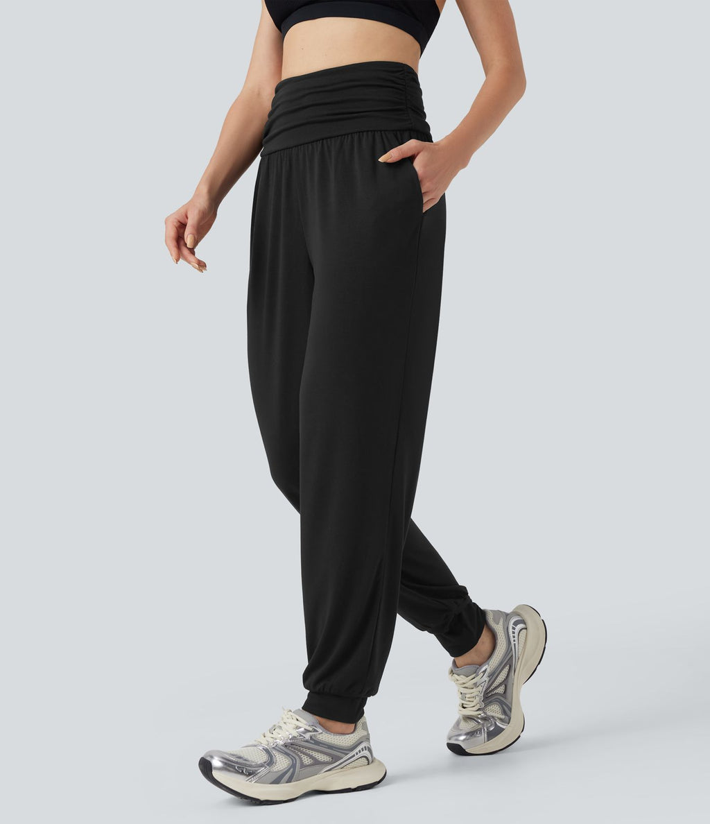 Jogging taille haute froncé chiné avec poches
