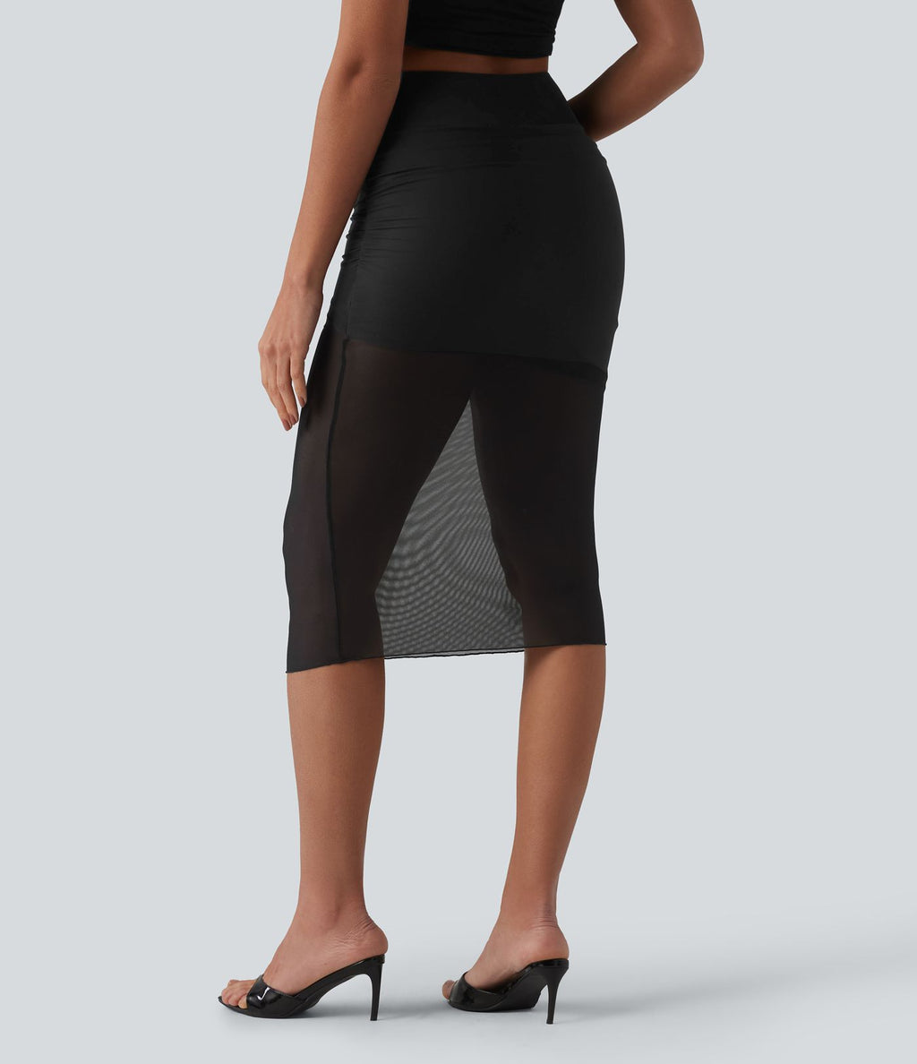Jupe midi décontractée 2-en-1 taille haute ventre plat avec maille moulante
