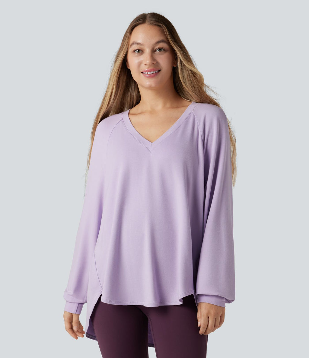 Sweat-shirt col V manches longues ourlet asymétrique