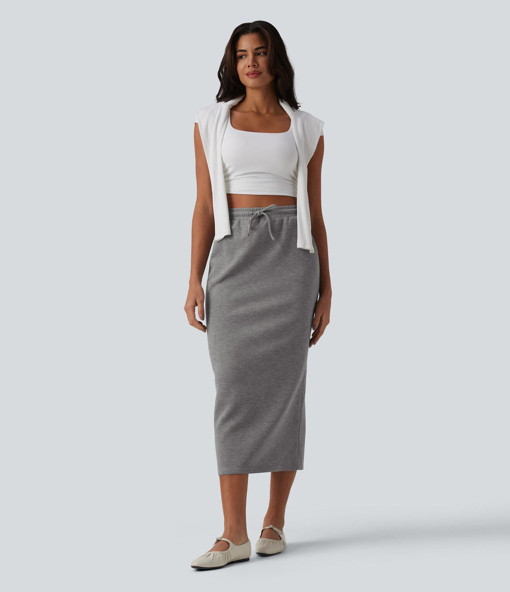 Jupe crayon casual mi-longue taille haute avec cordon de serrage et poches