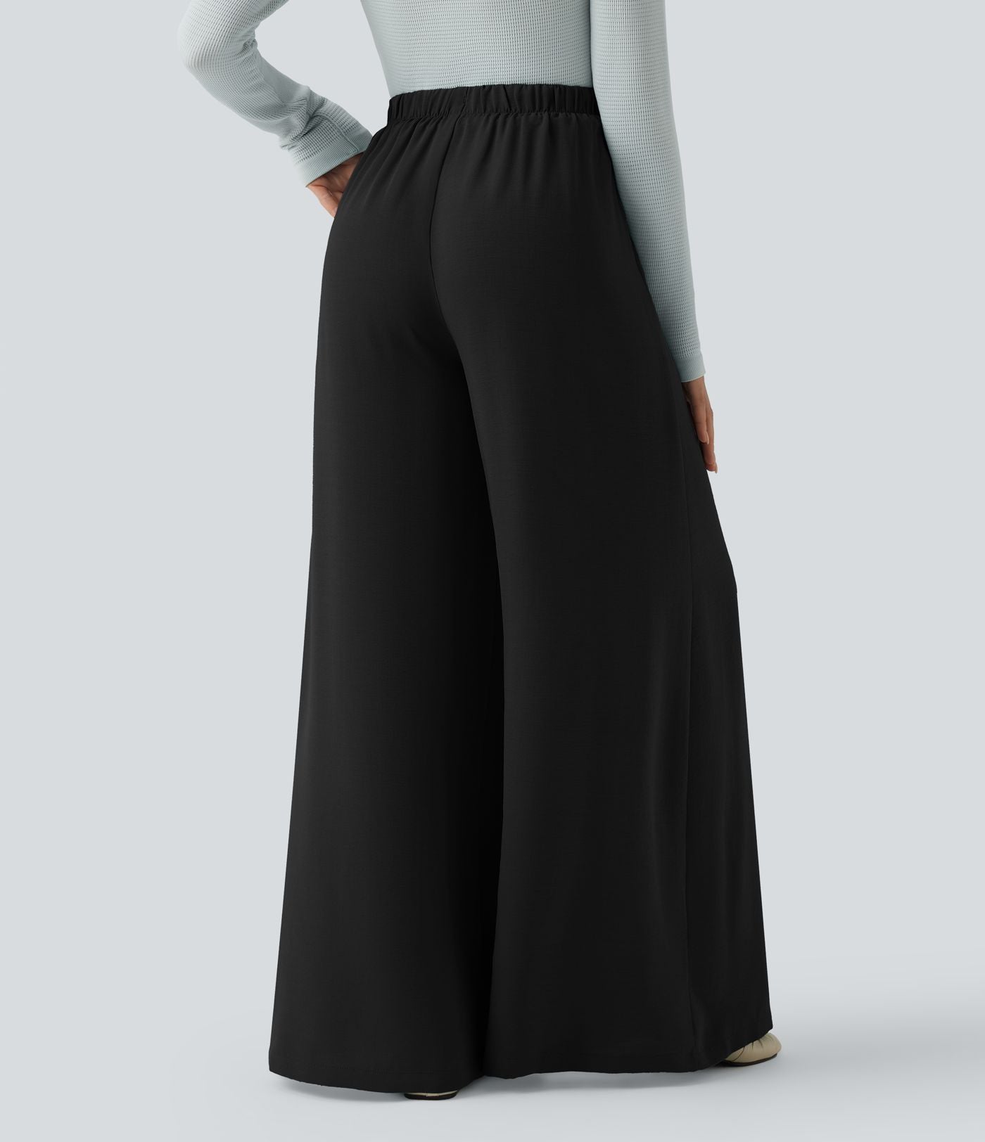 Pantalon large fluide décontracté taille haute effet lin avec cordon de serrage et poches