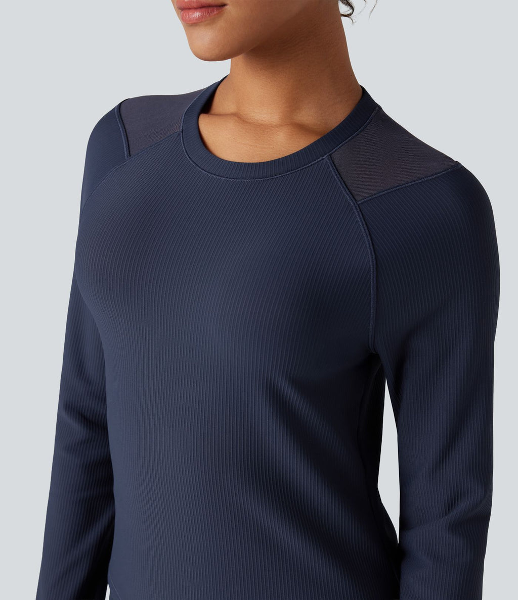 Top de sport yoga col rond manches raglan longues mesh contrastant