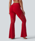 Pantalon de yoga évasé à taille haute croisée, poche arrière et dentelle