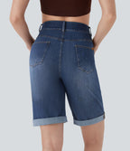 Bermuda décontracté en jean extensible délavé Halara Flex™ taille haute avec revers et multiples poches