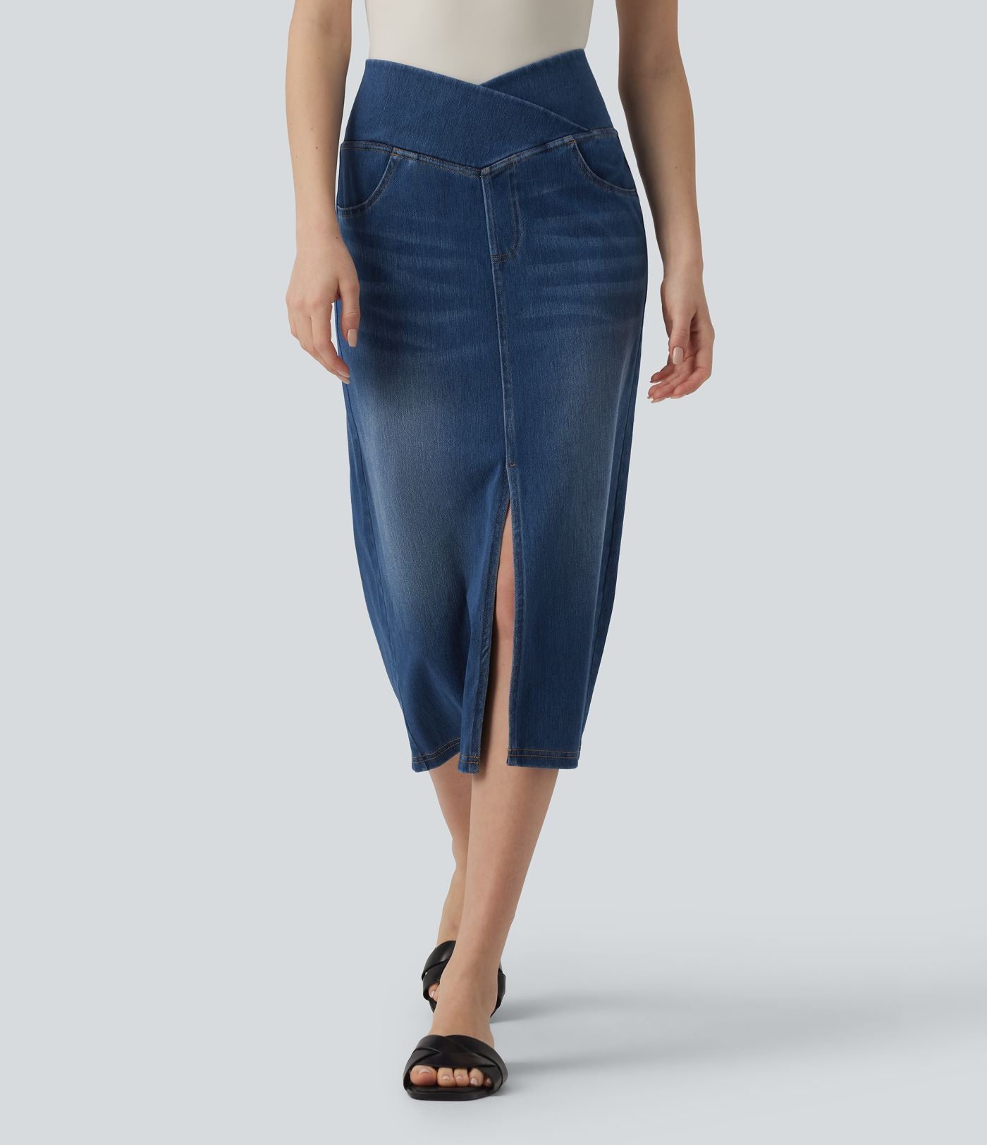 Halara Flex™ Jupe droite casual en jean asymétrique taille haute ventre plat avec fente et poches