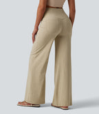 Pantalon large casual en lin stretch taille haute ventre plat avec poches