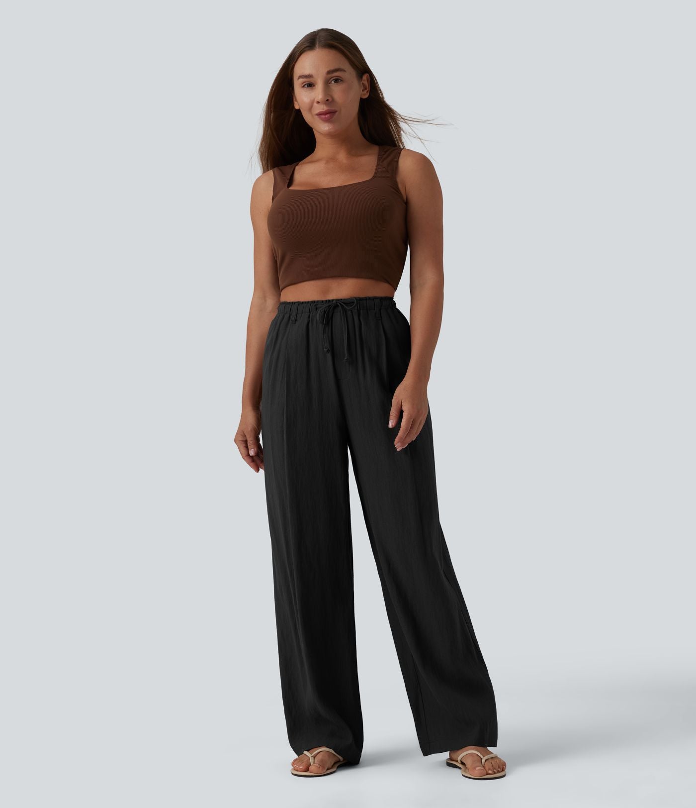Pantalon casual ample taille haute aspect lin à cordon de serrage avec poches