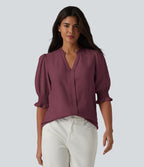 Blouse décontractée à col en V et manches courtes bouffantes