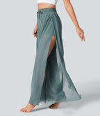 Pantalon Yoga 2 en 1 à Taille Haute avec Cordon de Serrage Maille Contrastée Fendu Poche Latérale et Jambes Amples et Fluides