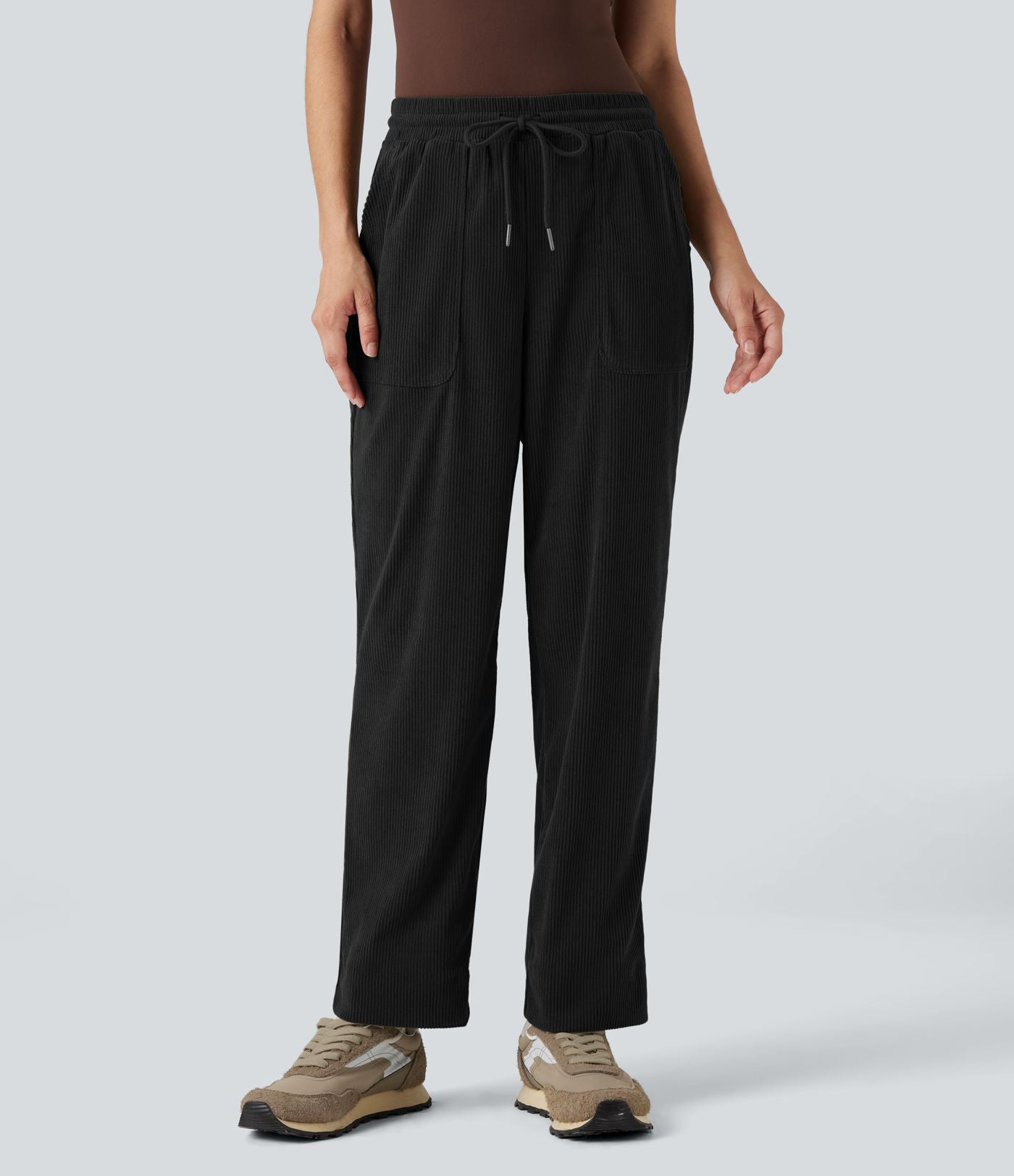 Pantalon décontracté fuselé en velours côtelé, taille mi-haute, cordon et poches