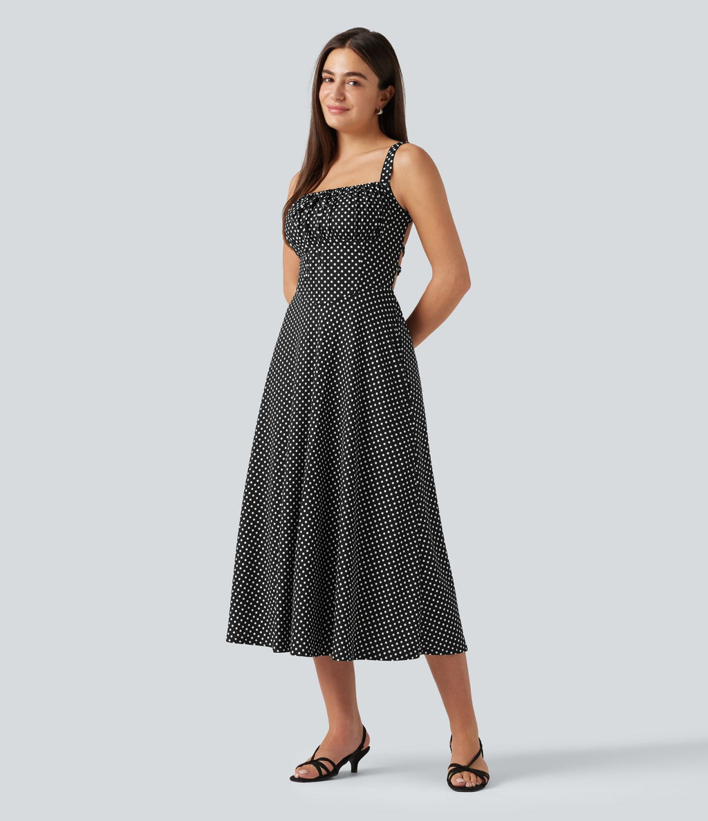 Robe midi fluide à pois à bretelles croisées dos nu col carré sans manches froncée avec soutien-gorge intégré