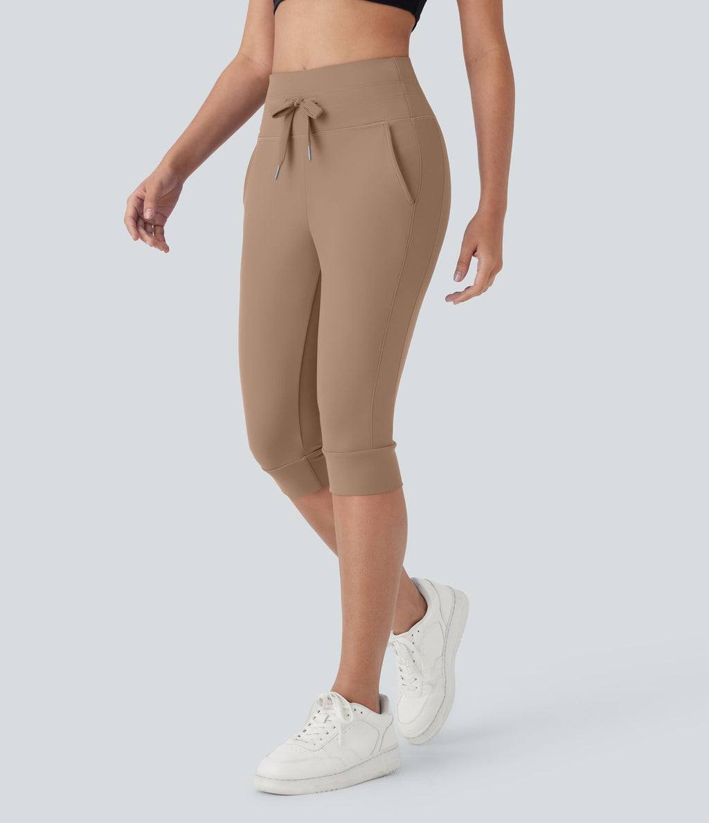 Pantalon corsaire jogging de yoga Softlyzero™ moelleux, taille haute à cordon avec poches latérales